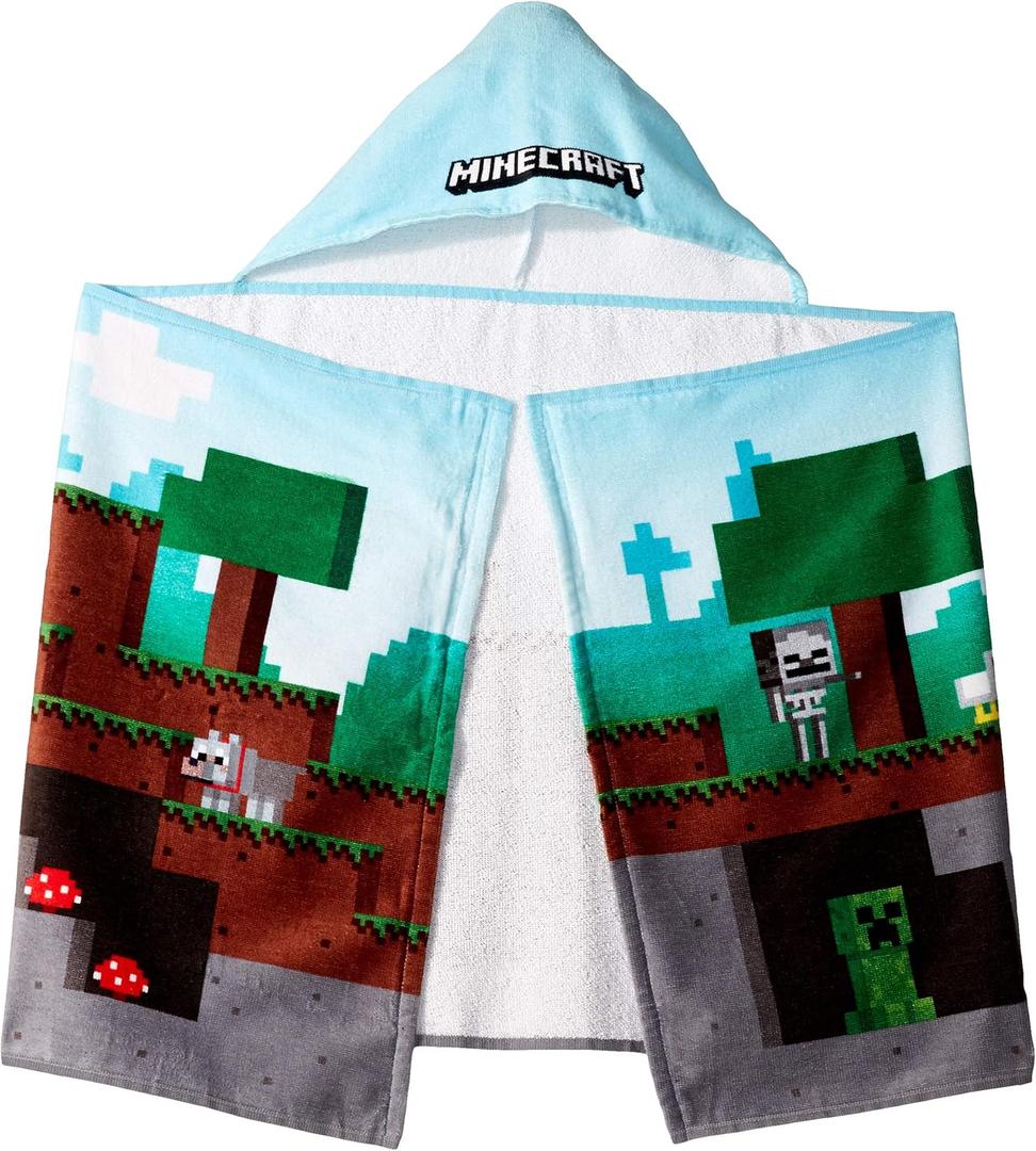Jay Franco Kids Hooded Towel 22" x 51" Super Soft Bath Wrap with 3D Hood, Beach, Pool & Travel, Official Licensed Product, Blue - Minecraft