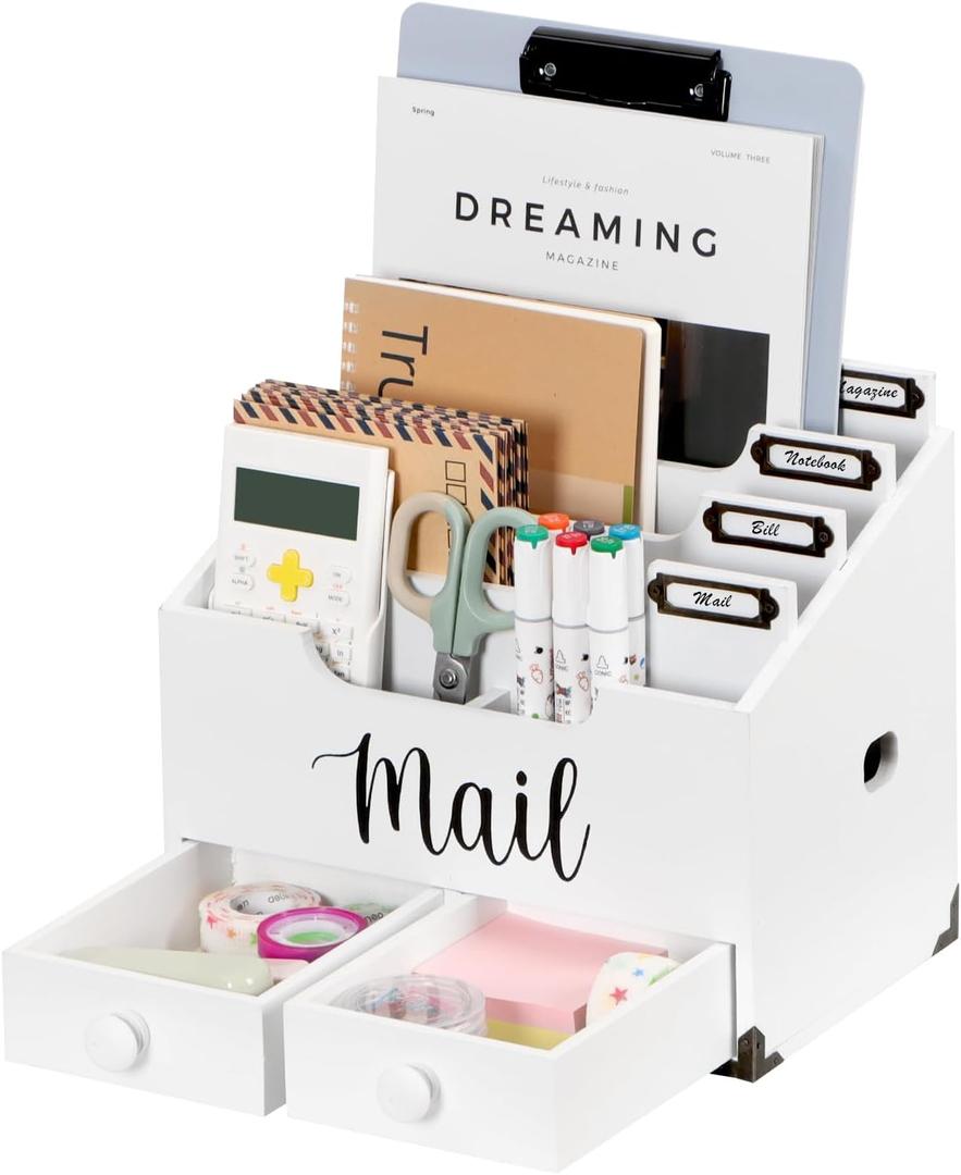 RELBRO Mail Organizer Desktop, Wood Desk Organizer with 2 Drawers, 4 Compartments for Home Office Accessories, White