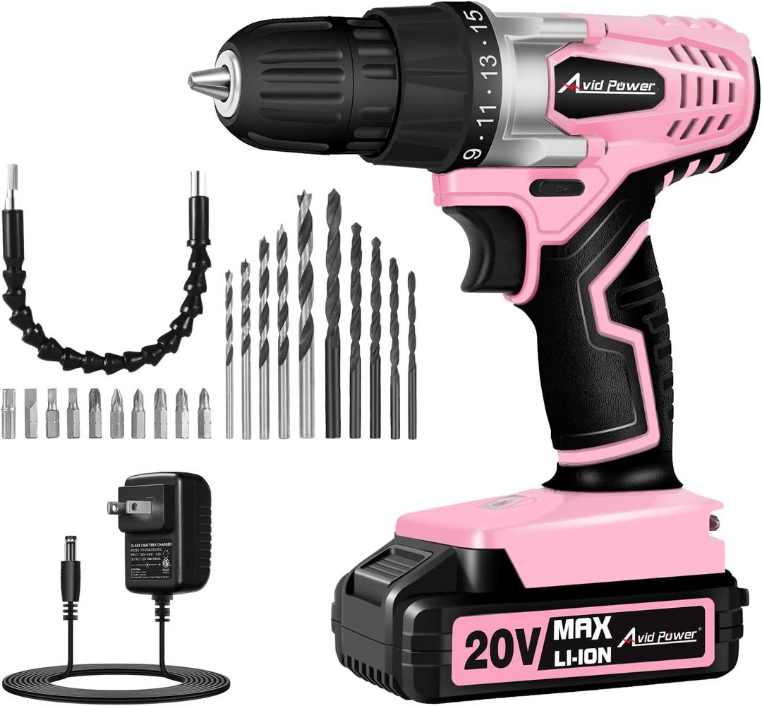 AVID POWER 20V MAX Lithium lon Cordless Drill Set, Power Drill Kit with Battery and Charger, 3/8-Inch Keyless Chuck, Variable Speed, 16 Position and 22pcs Bits (Pink)