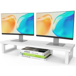WESTREE Dual Monitor Stand Riser, Wood and Steel Monitor Stand Riser, Computer Monitor Stand for 2 Monitors, Multi-Purpose Desktop Storage Stand for Computer,Laptop,Printer,TV (Large, White)