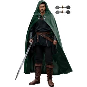 Velvet Renaissance Hooded Cloak with Lining & Horn Button, Medieval Viking Cape Robe for Men Women Halloween Costume Large