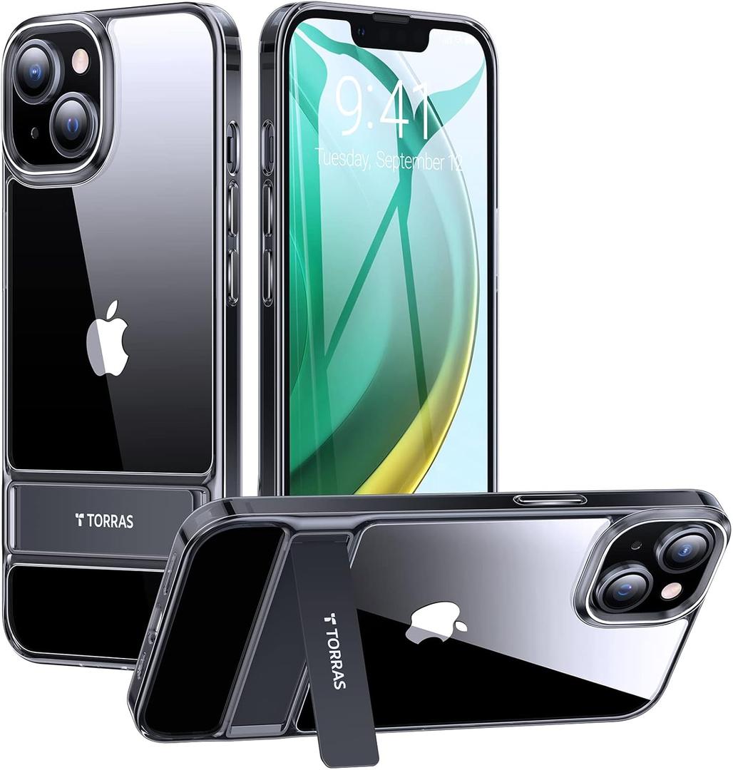 TORRAS MoonClimber for iPhone 15 Plus Case, [3 Stand Ways][Non-Yellowing] Military Grade Shockproof Protective Slim Hard Clear Phone Case with Stand 6.7'' 2022, Black