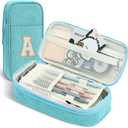 3 x Preppy Pencil Case for School Supplies, Large Initial Pencil Pouch with Zipper, Cute Pencil Bag for Office Supplies, Aesthetic Pen Case Box for Kids Teen Girls Women - A(Blue)