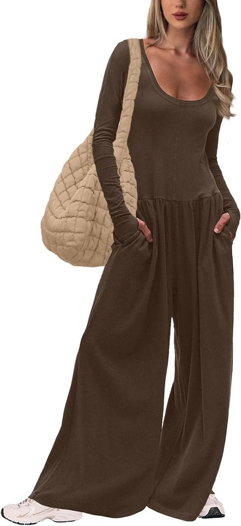 UNIANKIYA One Piece Jumpsuits for Women Casual Long Sleeve Overalls Dressy Rompers Wide Leg Pants Jumpers Vacation Outfits (Brown, S)