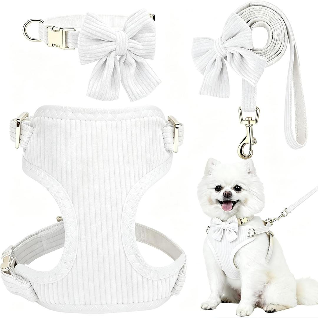 Small Dog Collar Harness and Leash Set with Bowtie, Adjustable Dog Harness Collar and Leash Set with Secure Metal Buckle, Breathable Cotton Adjustable Pet Puppy Harness, Easy Walk Harness, S(14-18.9")
