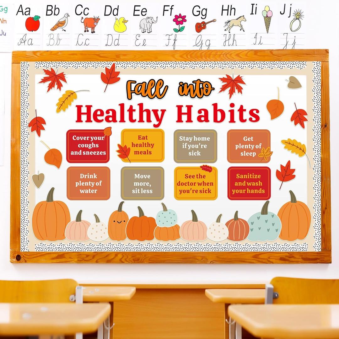 2Pack Fall Healthy Habits Bulletin Board Decorations Set Thanksgiving Bulletin Board Autumn Classroom Decor Pumpkin Maple Leaves Paper Cutouts for School Wall Decor(Fall into Healthy Habits)