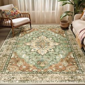 RELEANY Washable Area Rug, 5'x7', Brick/Brown/Green