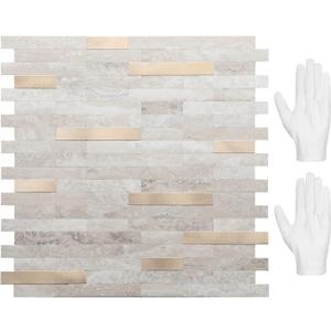 STICKGOO Peel and Stick Backsplash, PVC Wall Tiles Stick on Backsplash for Kitchen(10 Sheets, Beige with Metal Gold)