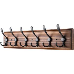 Coat Rack Wall Mount, Wooden Heavy Duty Coat Rack for Wall,6 Triple Coat Hanger Hooks for Hanging Coats,Jacket,Hat,Clothes (Brown, 6 Hooks)
