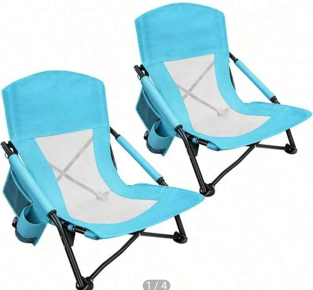 Oileus Low Beach Chair for Beach Tent/Shelter/Camping/Outdoor Ultralight Backpacking Folding Recliner Chairs with Cup Holder/Storage Bag, Carry Bag, Breeze Mesh Back, Compact Duty 2 Pcs
