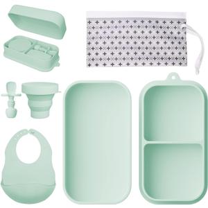 Travel Silicone Baby Feeding Set Portable Toddler Feeding Supplies Toddler Plates and Bowls Set Baby plates with Suction With spoon and cup, bib and waterproof storage bag