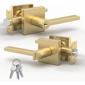 Mega Handles - Prime Entrance Handle, Entry Lever Door Handle, Heavy Duty Square Locking Lever Set for Left or Right-Handed Doors, Interior/Exterior Door Levers - Satin Brass (1 Pack)