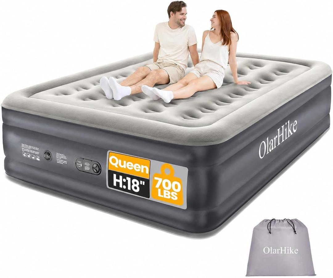 OlarHike Air Mattress Queen with Built in Pump, Inflatable Mattress Blow up Mattress, 18" Colchones Inflables Foldable Air Bed for Guest & Home, Ideal for Camping, 700lbs