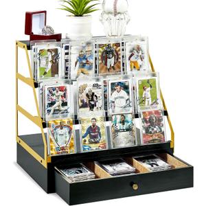 Trading Card Display, 3-Tier Baseball Card Storage with Drawer, Wood Graded Card Display, Sports Card Display Case for Card Game Collection-Trading Card Holder Christmas Gifts (Blackgold)