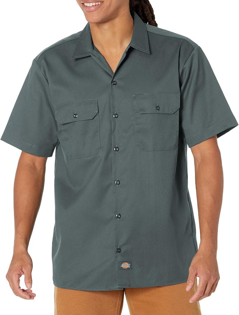 Dickies Mens Short Sleeve Work Shirt  Durable Twill Button Down Shirts for Men, Lightweight Uniform for Daily Wear (X-Large, Green V1)