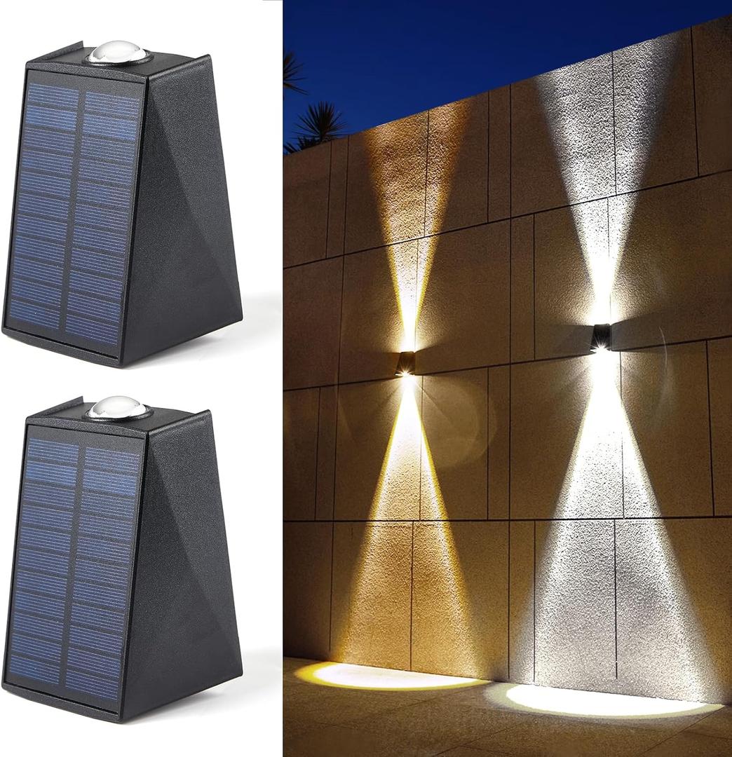 LUHLEE Solar Wall Lights Outdoor, Upgrade 2000 mAh Wall Sconce Lights 3000/6500K, IP65 Waterproof Wall Mounted Solar Outdoor Lights for Fence Porch Patio Garage Pergola Backyard (Dual Color, 2 Pack)