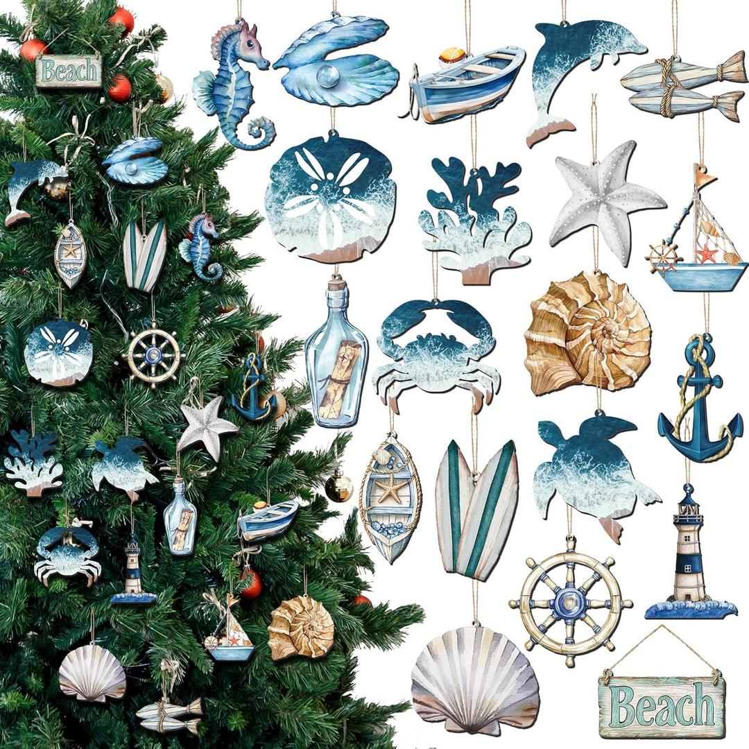 20 Pcs Christmas Metal Ornaments Ocean Beach Coastal Nautical Navigation Ornaments for Tree Starfish Seahorse Sea Turtle Hanging Decorations for Summer Party Xmas Hanging Decor