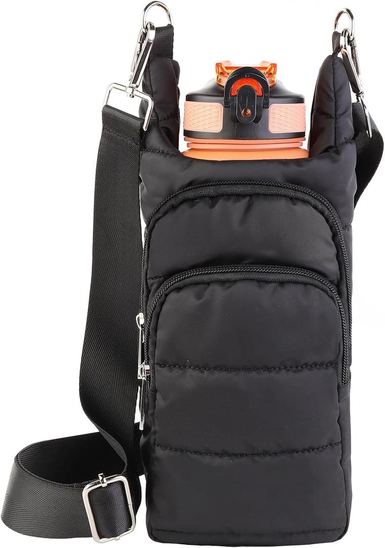 Water Bottle Holder with Strap Water Bottle Carrier Bag Quilted Puffer Hydrobag Sling Purse Crossbody Bags for Women (Black)