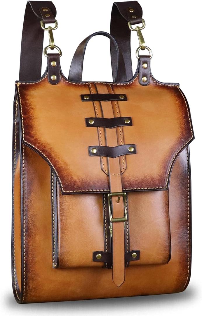 Genuine Leather Backpack for Women and Men Vintage Rucksack Convertible Casual Daypack Handmade Western Satchel Sling Purse (Brown)