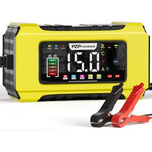 PZP 15-Amp 12V/24V Smart Battery Charger, Maintainer & Trickle Charger for LiFePO4, Lead Acid Batteries - Fully Automatic 9-Stage Charging w/Temp Compensation for Motorcycle Car Truck Lawnmower Boat