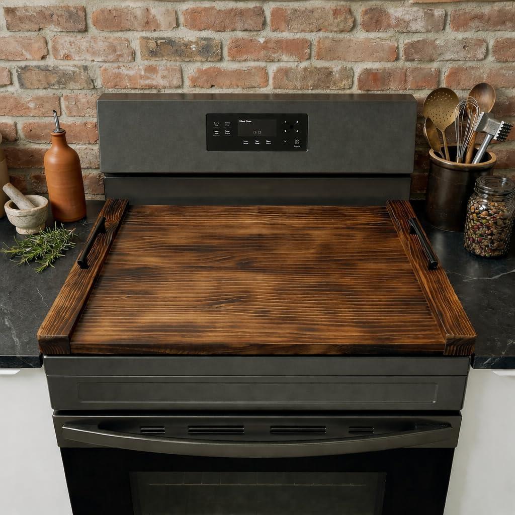 Noodle Board Stove Cover, 30 x 22 Inch Wooden Stove Top Cover with Handles, Pine Wood Stovetop Cover with Cross-Grain Dovetail Design for Extra Counter Space, Brown