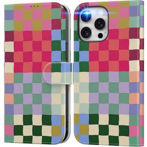 DEENAKIN for iPhone 14 Pro Wallet Case with Card Holder + Cash Clip, RFID-Blocking, Military-Grade Drop Protection & UV-Printed Artwork, Magnetic Closure with Leather Stand - Patchwork Checkerboard