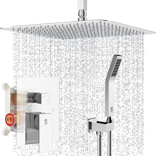 SR SUN RISE 16 Inches Polished Chrome Shower Faucet System Bathroom Luxury Rain Mixer Shower Faucet Set Ceiling Mounted Rainfall Shower Head Set (Contain Shower Faucet Rough-In Valve Body and Trim)