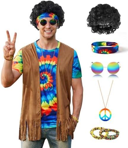 Mainfini Mens 60s 70s Outfits Hippie Costume Retro Colorful Themed Party Shirt (2XL)
