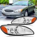 Headlights Assembly Pair Compatible with 2000-2007 Ford Taurus Headlamps Replacement Driver and Passenger Side,Chrome Housing Amber Reflector