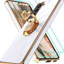 Gritup for Samsung Galaxy S21 Case: with 2Pcs Screen Protector, 360 Rotation Ring Holder Magnetic Kickstand Plating Gold Edge Soft TPU Shockproof Protective Cover for S21, White