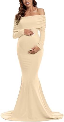 Glampunch Off Shoulders Maternity Dress Long Sleeve Ruched Maternity Gown Baby Shower Photography Pregnant Dress,L