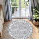 jinchan Fiora Round Rug 5ft Area Rug - Indoor Vintage Hallway Circle 5' Washable - Ultra-Thin Low Pile Soft Small Non Slip Distressed Floral Print for Living Room Dining Room Bedroom Entryway Grey