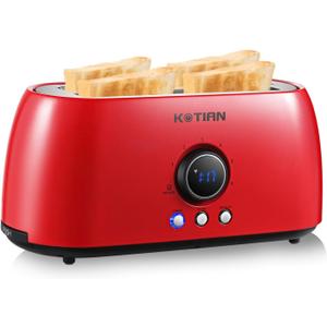 Toaster 4 Slice,KOTIAN Retro Long Slot Toasters with Countdown Timer,Stainless Steel Toaster,Bagel,Defrost,Reheat,Cancel Functions,Extra Wide Slots,6 Toast Settings,Removable Crumbs Tray,Red