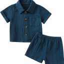 Baby Boys Clothes Set Toddler Infant Boys Button-down Shirt Tops + Cotton Gauze Shorts Summer Outfit 2PCS with Pockets (0-6 Months, Navy Blue), 70