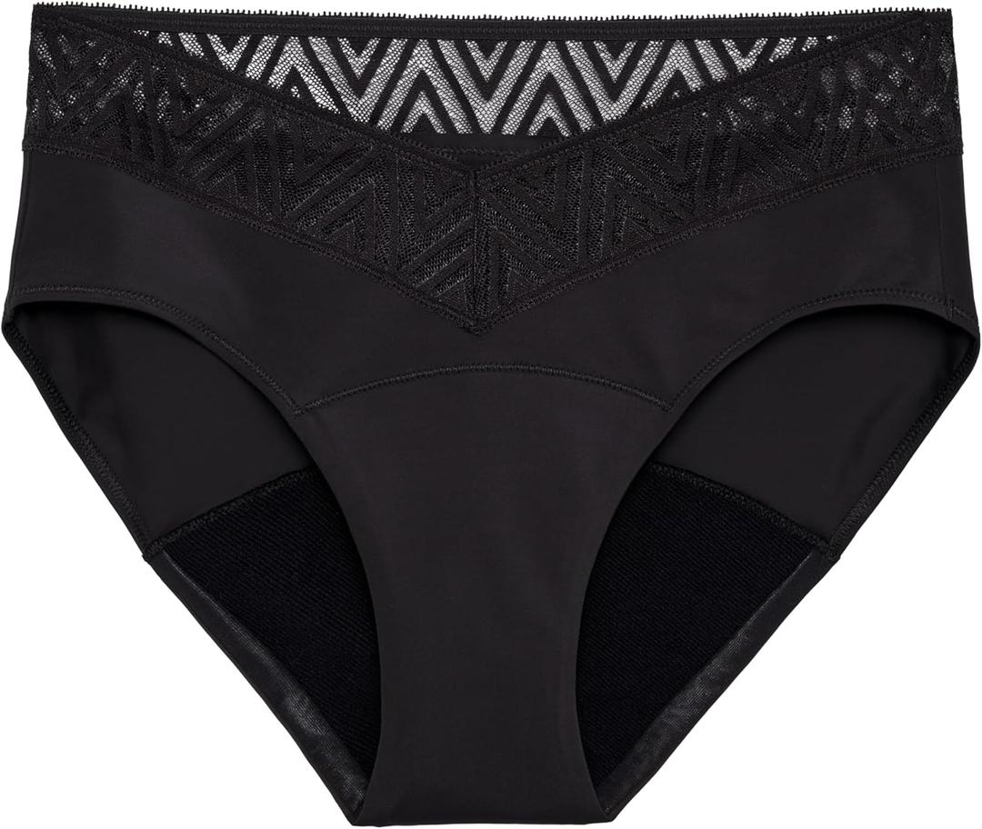 THINX Period Underwear, Comfort-Stretch Hip Huggers, Holds Up to Regular 12 Tampons*, Period Panties, Menstrual Underwear for Women, Leakproof & Reusable, Black with Lace, M