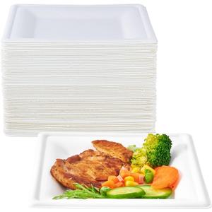ECOLipak 150 Piecs Compostable Square Plates, 6 inch Eco-friendly Heavy Duty Biodegradable Sugarcane Disposable Paper Plates for Party Dinner Birthday