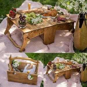 Wooden Outdoor Folding Picnic Basket Table, Folding Picnic Table with Glass Holder, 2-in-1 Picnic Table Convertible Storage Wooden Basket, Natural Travel Camping Equipment