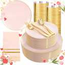 NOCCUR 350PCS Pink Plates Disposable - Pink Gold Plastic Dinnerware Set for 50 Guests Include 100 Dinner/Dessert Plates,150 Cutlery,50 Cups&50 Napkins - Ideal for Party/Wedding/Mother's Day