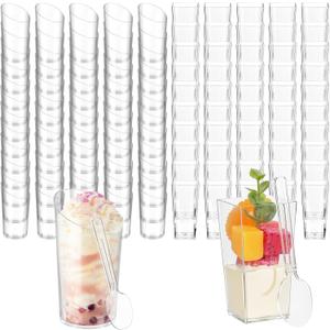 200 Pcs Mini Dessert Cups with Spoons Include 3 oz Square Plastic Appetizer Cups 2.5 oz Slanted Round Parfait Shooter Cup Small Clear Mousse Pudding Cup for Wedding Baby Shower Graduation Party