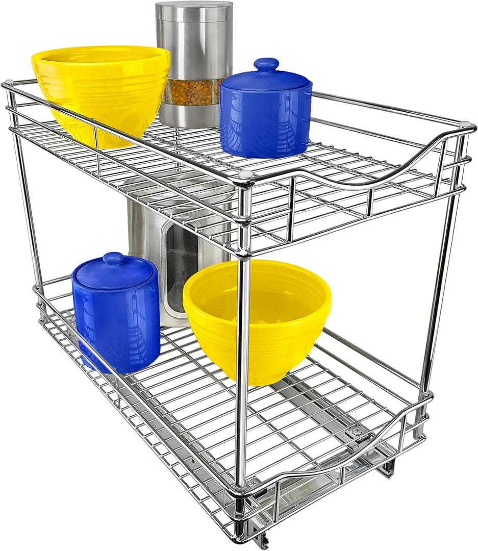 LYNK PROFESSIONAL Pull Out Cabinet Organizer - 11" x 21" - Slide Out Drawer for Kitchen Cabinets - Sliding Pantry Shelves - Roll Out Shelf for Pots, Pans  2 Tier (11x21 Dbl Chrome)