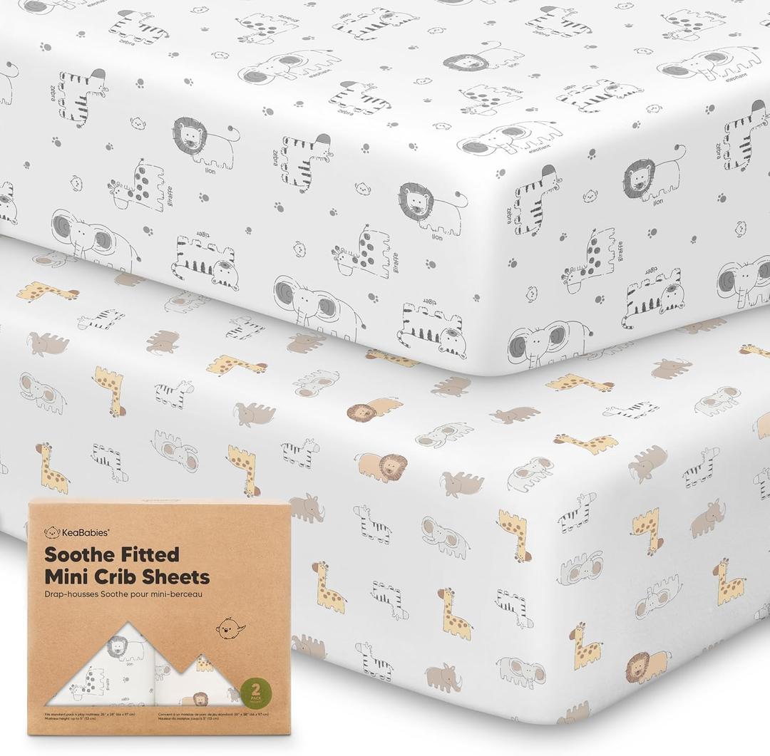 2 x 2-Pack Mini Crib Sheets Fitted - 38x26 Pack N Play Sheets for Pack and Play Mattress, Organic Cotton, Soft & Breathable Playard Bedding, Neutral Mini Toddler Bed Cover for Boys, Girls (KeaSafari)