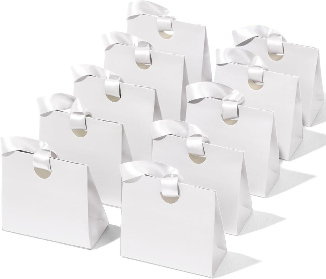 Vitalizart Paper Gift Bags With Ribbon Handles Set of 10 White Bulk Reusable For Gift Wrap Girls Kids Birthday Bridal Shower Party Favors Goodie Bags Candy Toys Christmas 7.87"x3.54"x7.09" Small Size
