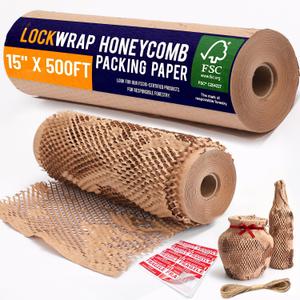 Honeycomb Packing Paper 15" x 500ft with Rope & 20 Fragile Stickers|Shipping & Moving Supplies|Small Business Packaging Supplies|Eco Friendly Bubble Wrap Packing Boxes for Moving Certified FSC C204227