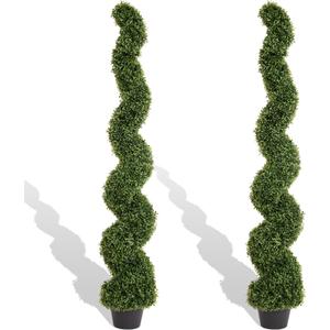 THE BLOOM TIMES 5ft Spiral Topiary Trees Artificial Outdoor Set of 2, Faux Boxwood Plants Outside - All-Year Green Fake Twisted Tree for Garden Front Porch Planter Decor 5 Foot