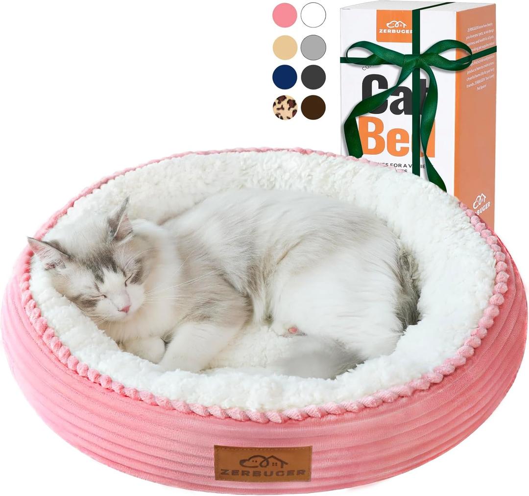 20in Washable Cat Beds for Indoor Cats - Round Donut Pet Bed for Cats, Small Dogs, Puppy, Kitten - Anti-Slip Bottom, Calming Bed Gift - Pink