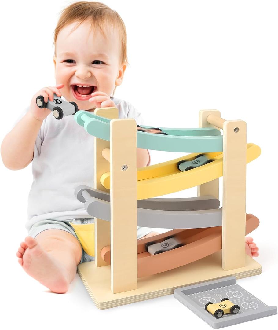 Car Ramp Toys for One Year Old Boy Birthday Gifts, Wooden Montessori Toys for 1 2 Year Old, Race Track Truck Toy with 4 Mini Cars/1 Parking Lot, First Christmas Birthday Gifts for Toddlers 1-3-2-4