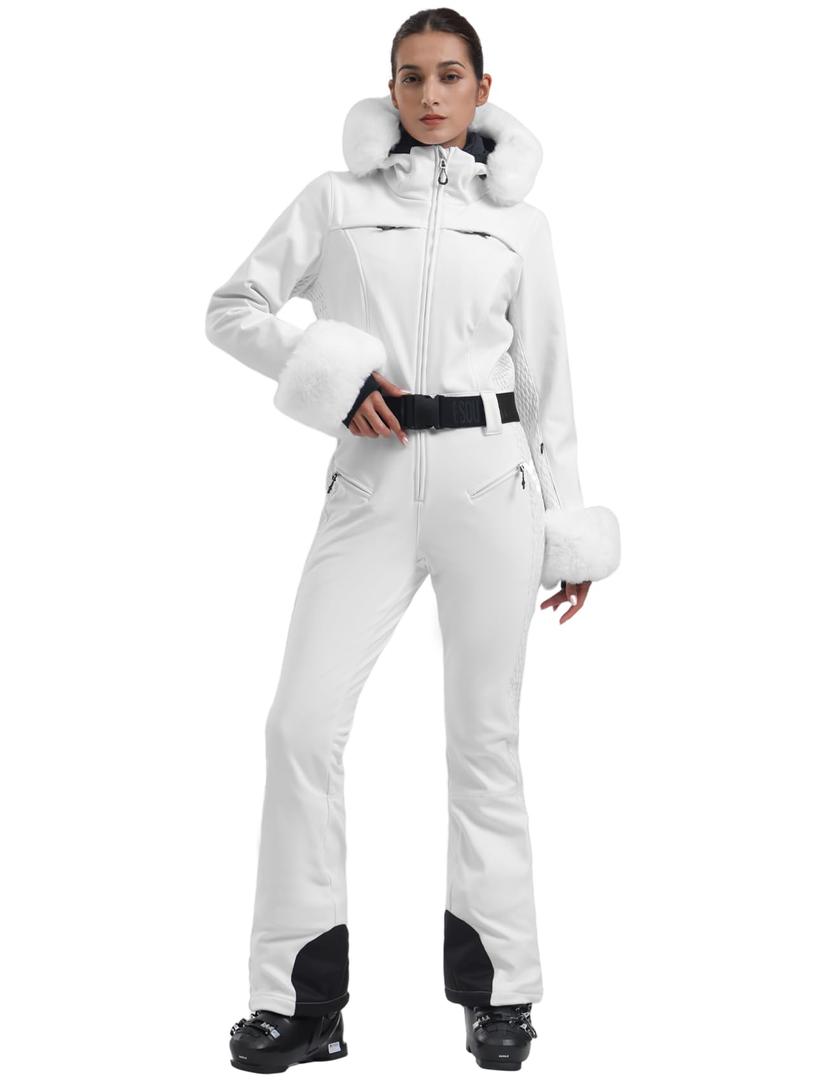 GSOU SNOW Ski Suit Womens One Piece Snowsuit Snowboard Jacket Slim Snow Jumpsuit Faux Fur Ski Outfit Waterproof Windproof Insulated,White S