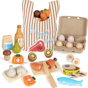 Lehoo Castle Wooden Play Food Sets for Kids Kitchen, Food Toys for Toddlers 1-3, Pretend Food Play Kitchen Accessories, Cutting Fruits Vegetables Cooking Toys Gift for Boys Girls 3 4 5 +, Child-size