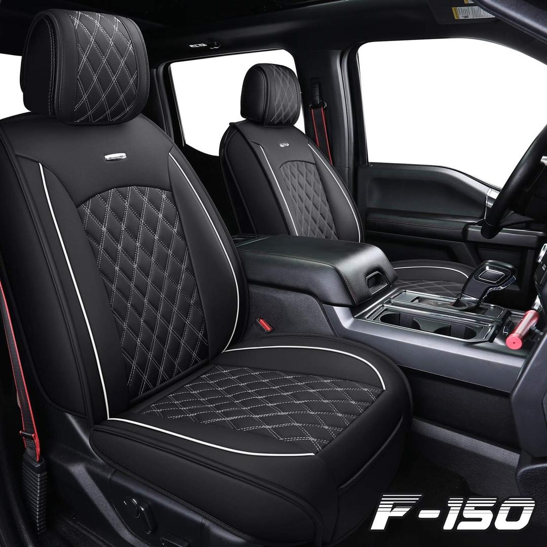 Aierxuan Car Seat Covers Full Set with Waterproof Leather Automotive Vehicle Cushion Cover for Cars Fit for 2009 to 2025 Ford F150 Carhartt and 2017 to 2025 F250 F350 F450 Black and White