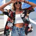 Hawaiian Shirts for Women Soft Cool Summer Hawaiian Shirt Floral Tropic Print Tees V Neck Button Up Short Sleeve Top (Black, L)